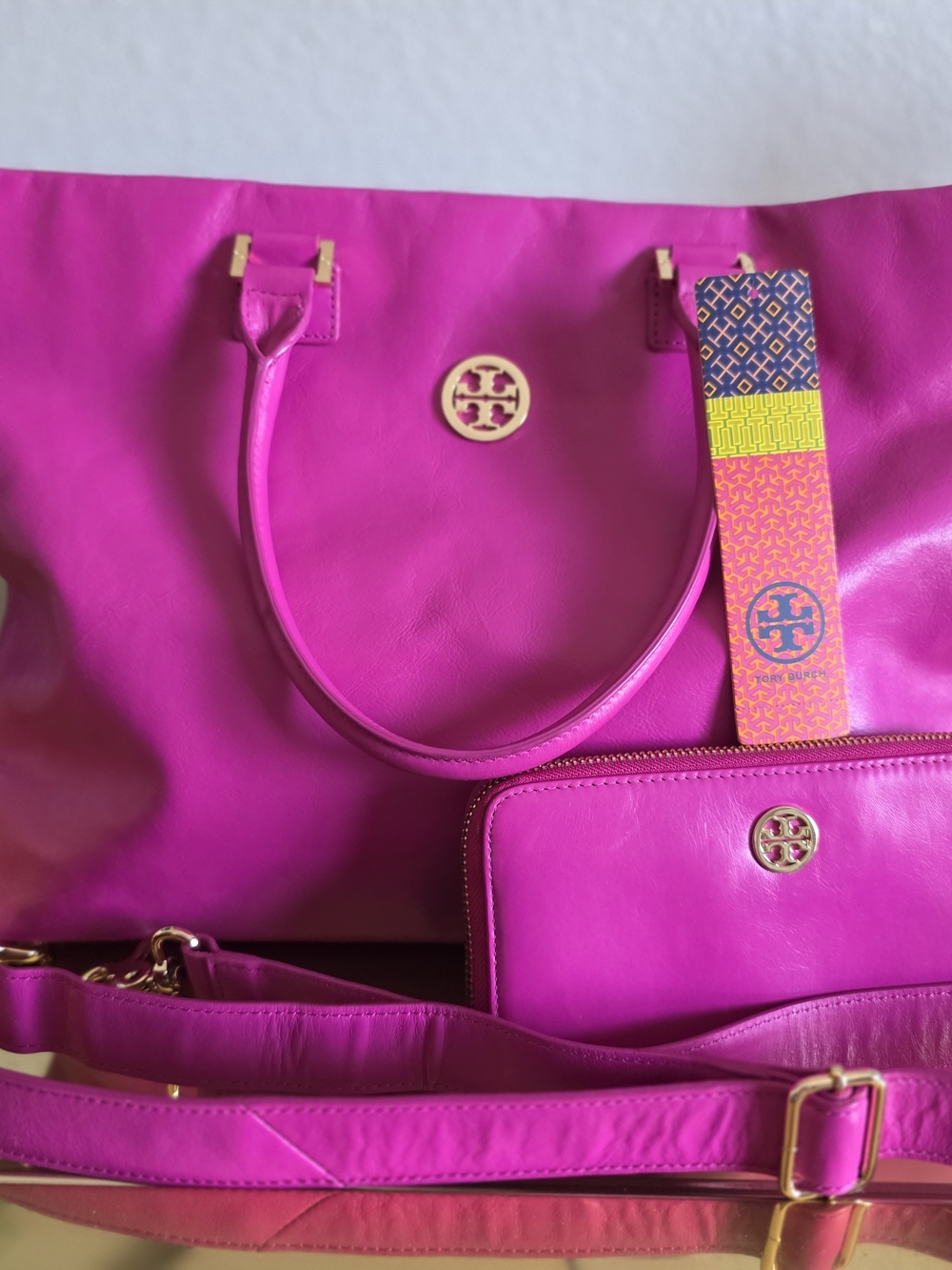Tory Burch Fuchsia Leather Tote with Matching Wallet